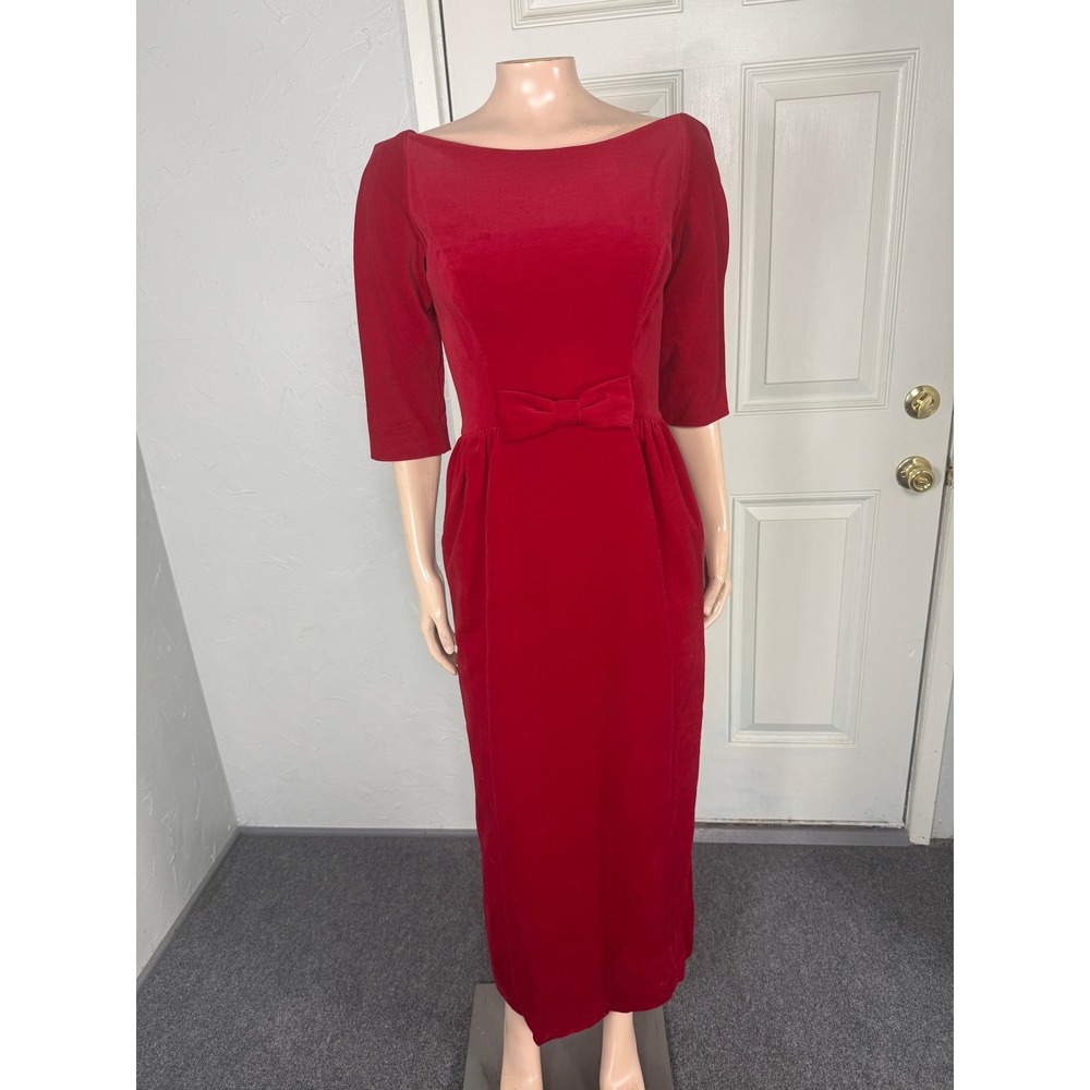Vintage 60s 70s Lorrie Deb San Francisco Women's Dress 10 Velvet Peplum Bow E3-4